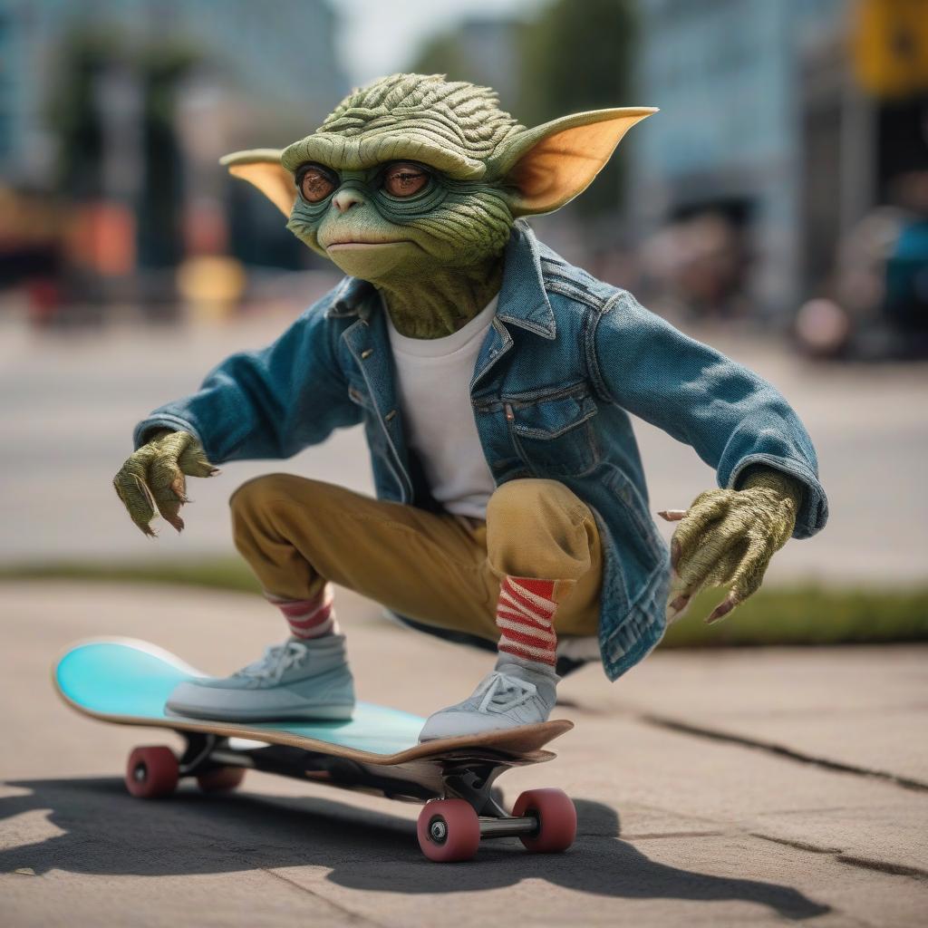  cinematic photo Leica portrait of a gremlin riding a skateboard, encoded patterns, rare and simple, image in uhd format, urban core, soviet wave, instant shot . 35mm photograph, film, bokeh, professional, 4k, highly detailed hyperrealistic, full body, detailed clothing, highly detailed, cinematic lighting, stunningly beautiful, intricate, sharp focus, f/1. 8, 85mm, (centered image composition), (professionally color graded), ((bright soft diffused light)), volumetric fog, trending on instagram, trending on tumblr, HDR 4K, 8K