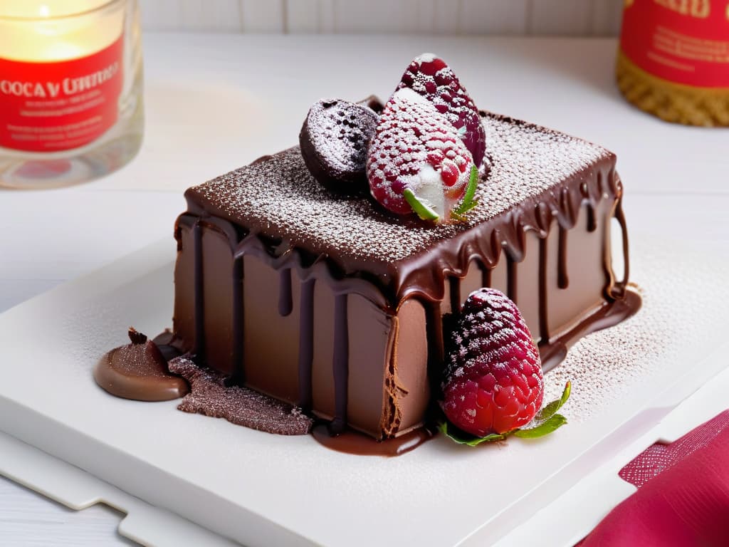  A closeup, ultradetailed photograph of a luxurious slice of Semifrío de Chocolate y Frambuesa, beautifully presented on a simple, elegant white plate. The dessert is perfectly layered with rich, dark chocolate mousse on the bottom and a vibrant layer of fresh raspberry compote on top, garnished with a dusting of cocoa powder and a few plump, fresh raspberries. The glossy chocolate glaze on top reflects the light, highlighting the intricate textures and inviting the viewer to indulge in this decadent treat. hyperrealistic, full body, detailed clothing, highly detailed, cinematic lighting, stunningly beautiful, intricate, sharp focus, f/1. 8, 85mm, (centered image composition), (professionally color graded), ((bright soft diffused light)), volumetric fog, trending on instagram, trending on tumblr, HDR 4K, 8K