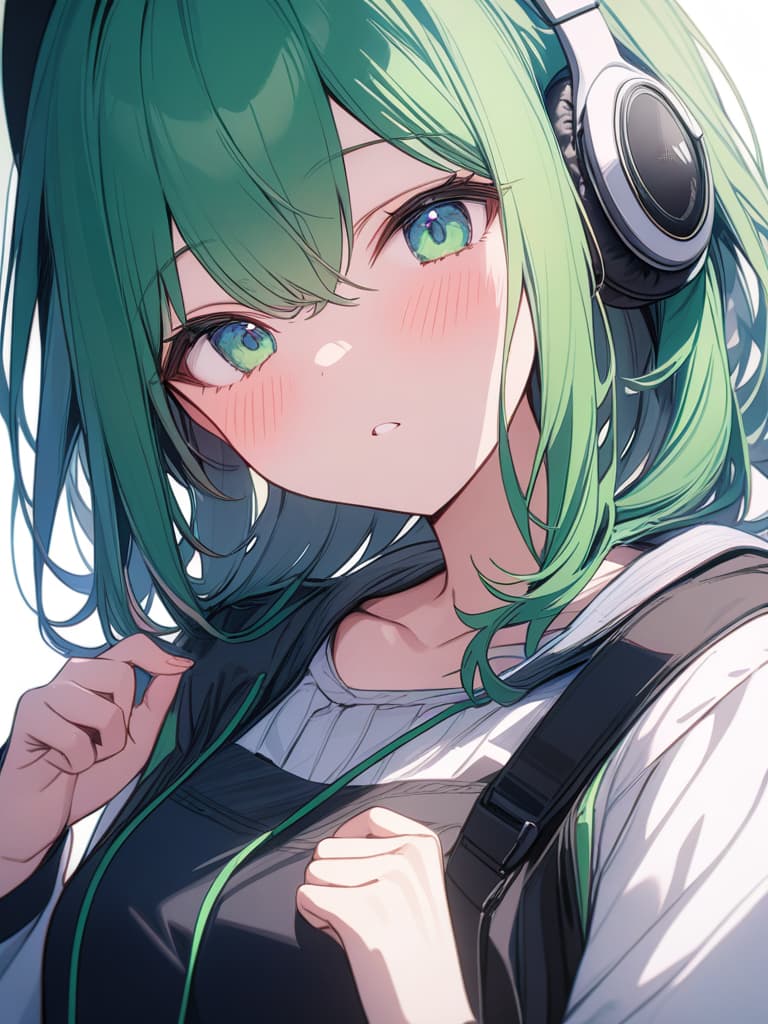  Green haired beautiful girl character with headphones, close both eyes and shout in blush, masterpiece, best quality,8k,ultra detailed,high resolution,an extremely delicate and beautiful,hyper detail