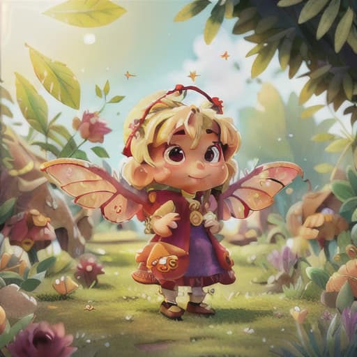  "Create an image using Stable Diffusion model depicting a small, adorable fairy named Lina. She is dressed in a sparkling green dress with a cute red hat. Her wings are subtly shining. The setting is a bright garden corner on a sunny spring day, filled with flowers of various colors and lush green grass glistening under the sunlight.", best quality, very detailed, high resolution, sharp, sharp image, extremely detailed, 4k, 8k hyperrealistic, full body, detailed clothing, highly detailed, cinematic lighting, stunningly beautiful, intricate, sharp focus, f/1. 8, 85mm, (centered image composition), (professionally color graded), ((bright soft diffused light)), volumetric fog, trending on instagram, trending on tumblr, HDR 4K, 8K