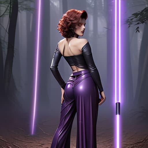  Fierce looking woman with short dark curly red hair wearing purple leather pants with long skirt around back and purple leather long sleeved top holding green light saber dark, foggy outdoor wooded setting full body front view