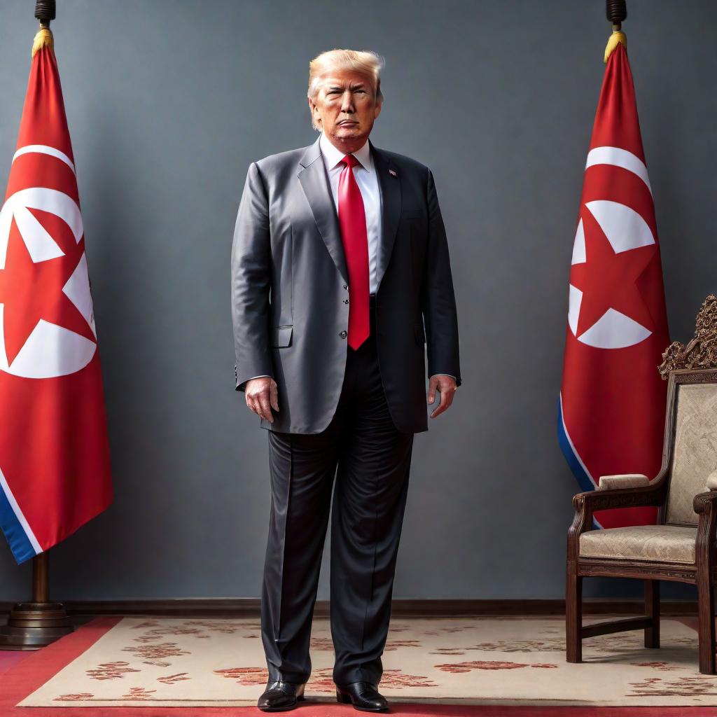  Donald Trump dressed as a North Korean leader, depicted in a serious, commanding posture typical of North Korean propaganda. He should be wearing a military uniform similar to that of Kim Jong-un, adorned with various medals and insignia. His expression must be stern and commanding, with his trademark hairstyle. The background should include North Korean symbols and a scene of Pyongyang to emphasize the setting. hyperrealistic, full body, detailed clothing, highly detailed, cinematic lighting, stunningly beautiful, intricate, sharp focus, f/1. 8, 85mm, (centered image composition), (professionally color graded), ((bright soft diffused light)), volumetric fog, trending on instagram, trending on tumblr, HDR 4K, 8K