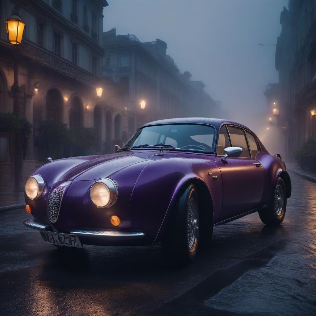  eggplant car hyperrealistic, full body, detailed clothing, highly detailed, cinematic lighting, stunningly beautiful, intricate, sharp focus, f/1. 8, 85mm, (centered image composition), (professionally color graded), ((bright soft diffused light)), volumetric fog, trending on instagram, trending on tumblr, HDR 4K, 8K