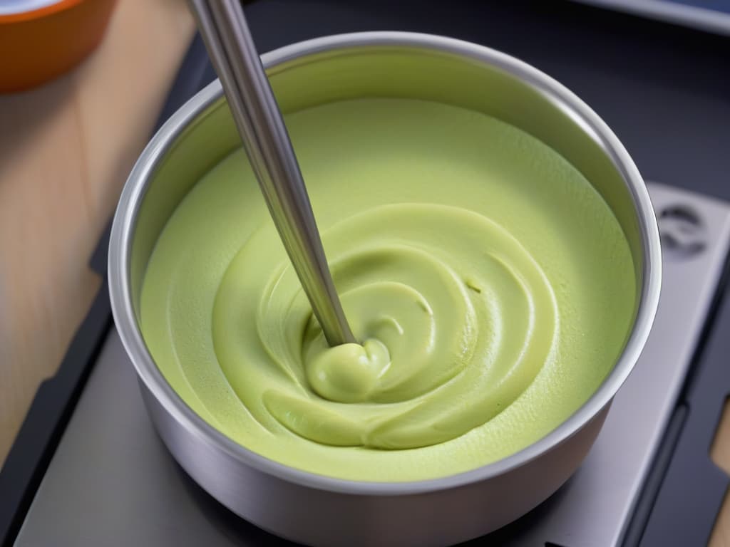  A closeup, ultradetailed image of a whisk gently incorporating air into a glossy, smooth batter in a sleek, modern stainless steel mixing bowl. The batter is a rich, creamy texture, with soft peaks forming as the whisk moves through it, capturing the essence of aeration and emulsification in pastry making. The lighting is soft, highlighting the elegant simplicity of the process, while the background is blurred to draw all focus to the intricate details of the batter and whisk. hyperrealistic, full body, detailed clothing, highly detailed, cinematic lighting, stunningly beautiful, intricate, sharp focus, f/1. 8, 85mm, (centered image composition), (professionally color graded), ((bright soft diffused light)), volumetric fog, trending on instagram, trending on tumblr, HDR 4K, 8K