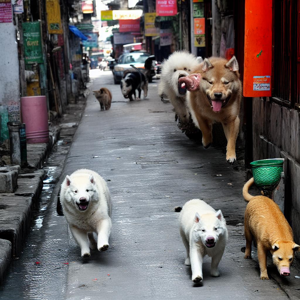  A Siberian dog chases a crocodile in the middle of a small alley in Bangkok, and a monk runs carrying pigs next to him.