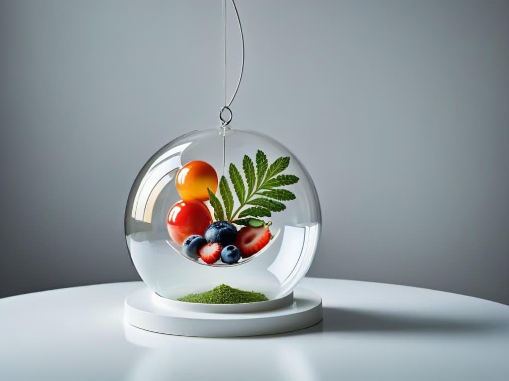  An ultradetailed image of a transparent sphere encapsulating vibrant, swirling colors of various fruits and herbs, suspended in midair with a molecular structure visible around it, showcasing the intricate beauty of molecular gastronomy in a visually striking and minimalistic style. hyperrealistic, full body, detailed clothing, highly detailed, cinematic lighting, stunningly beautiful, intricate, sharp focus, f/1. 8, 85mm, (centered image composition), (professionally color graded), ((bright soft diffused light)), volumetric fog, trending on instagram, trending on tumblr, HDR 4K, 8K