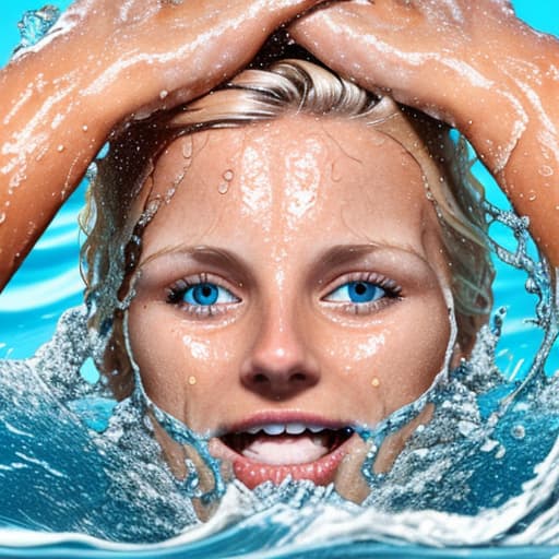  tanned blonde woman's face drowning in the water she's panic a lot of water waves and splashes around her