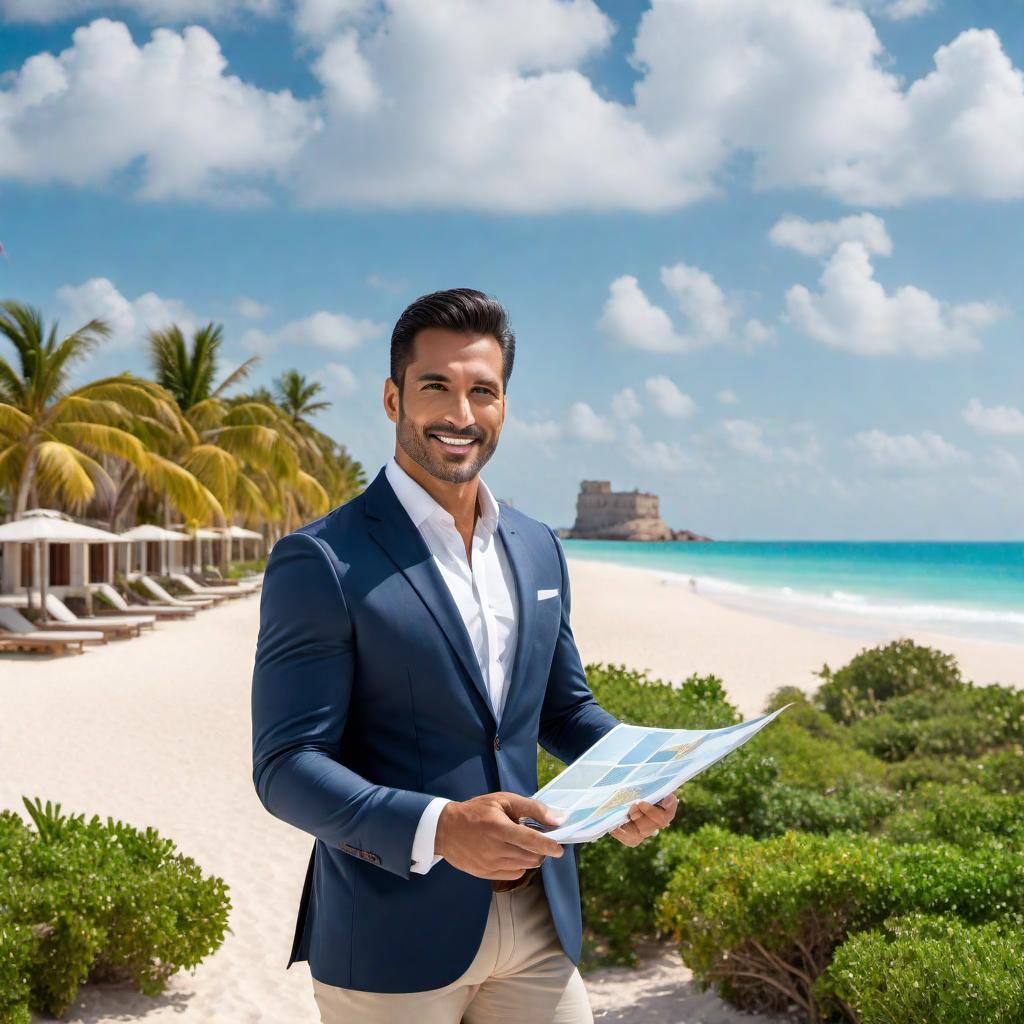  Quintana Roo real estate advisor. The image should depict a professional looking person, perhaps wearing a suit or smart casual attire, standing with confidence and a friendly demeanor. This person should be holding blueprints or a tablet showcasing property listings. The background should be suggestive of the Quintana Roo area in Mexico, with tropical scenery, beaches, or landmarks that indicate the real estate is in a luxurious, desirable location. hyperrealistic, full body, detailed clothing, highly detailed, cinematic lighting, stunningly beautiful, intricate, sharp focus, f/1. 8, 85mm, (centered image composition), (professionally color graded), ((bright soft diffused light)), volumetric fog, trending on instagram, trending on tumblr, HDR 4K, 8K