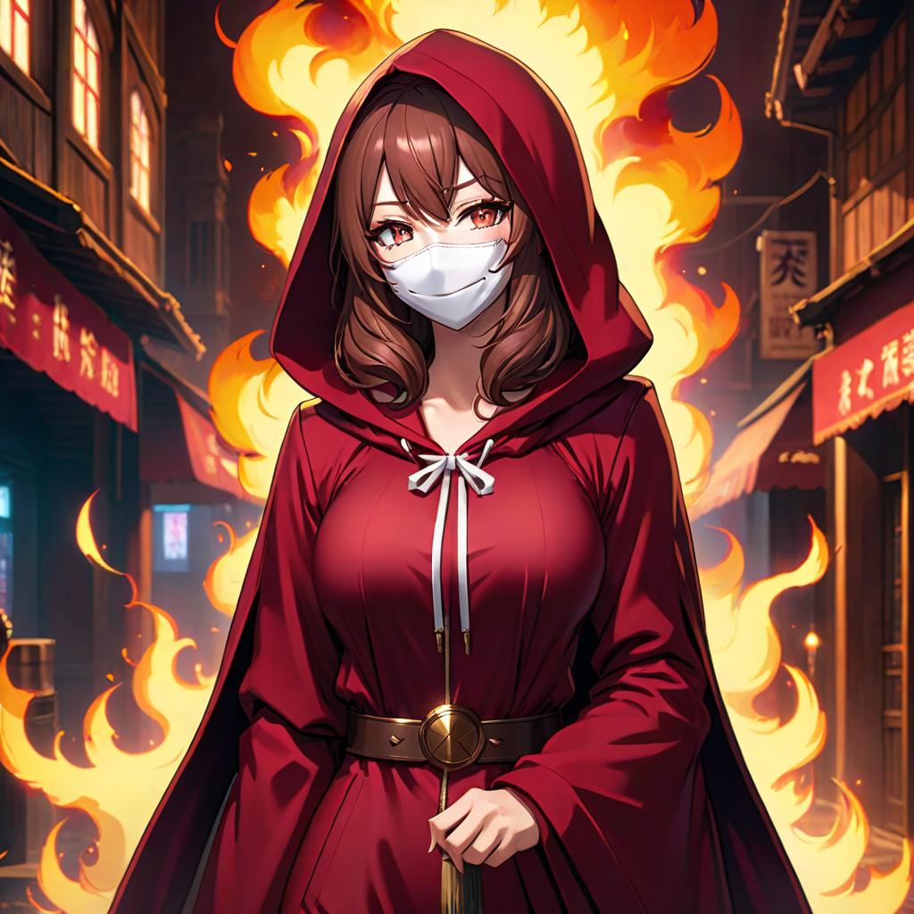  anime artwork A girl with brown hair. She wears a white plastic mask with a smile that covers her entire face. Dressed in a burgundy cloak with a hood on her head. Around her, fire. . anime style, key visual, vibrant, studio anime, highly detailed hyperrealistic, full body, detailed clothing, highly detailed, cinematic lighting, stunningly beautiful, intricate, sharp focus, f/1. 8, 85mm, (centered image composition), (professionally color graded), ((bright soft diffused light)), volumetric fog, trending on instagram, trending on tumblr, HDR 4K, 8K