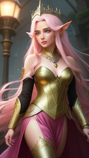  A beautiful elf with long hair and pink eyes. She is wearing pink makeup. She has a and sassy appearance. She is wearing a, shiny, pink and gold dress, large. She is wearing a lot of jewelry. Full body image. She is a sorceress. She is wearing high heels. Fantasy. Magic. Pink. Realistic. Dnd character design. fantasy art by greg rutkowski, radiant light, ultra detailed, cinematic, sharp focus photo, professional film, professional image, ultra detail, hyperrealistic, high quality, highly detailed, cinematic lighting, intricate, sharp focus, f/1. 8, 85mm, (centered image composition), (professionally color graded), ((bright soft diffused light)), volumetric fog, trending on instagram, HDR 4K, 8K
