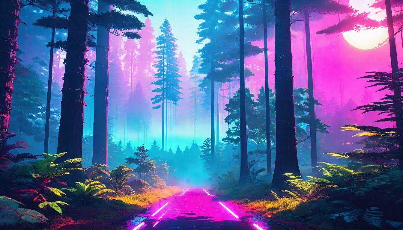  vaporwave,cyberpunk game style A tranquil forest at dawn, sunbeams piercing through mist, trees standing tall and undisturbed, serene, harmonious, enveloped in a peaceful ambianceeon, dystopian, futuristic, digital, vibrant, detailed, high contrast, reminiscent of cyberpunk genre video games,retro aesthetic, cyberpunk, vibrant, neon colors, vintage 80s and 90s style, highly detailed