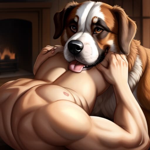  Saint Bernard, feral dog, feral deep rimming human, bestiality, all male, toung in ass,, open eyes, digital art, masterpiece, 4k, fine details,