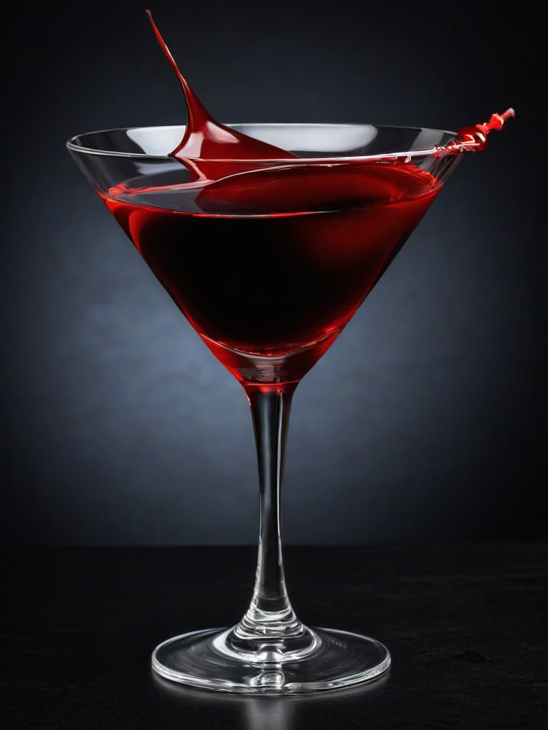  martini glass filled with blood, bloody vampire fangs sitting right inside martini glass, dark theme, solid black background