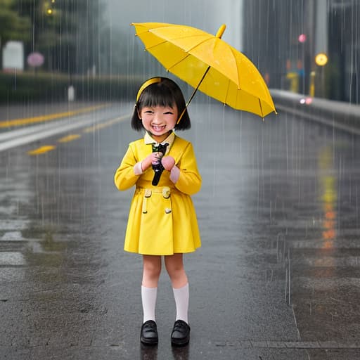  A little girl holding a yellow umbrella stood in the rain, smiling,