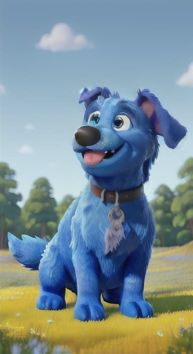  {A happy, big blue dog wagging its tail in a colorful meadow, The big blue dog is large with sky blue fur, big round eyes, a black nose, and floppy ears.