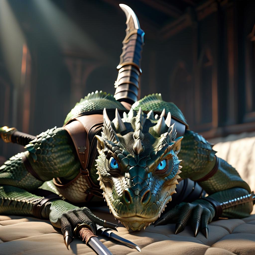  a woman, naked Argonian, with blue eyes, ash colored scales, a two handed sword on her back with a rapier and a backpack in the corner of the room hyperrealistic, full body, detailed clothing, highly detailed, cinematic lighting, stunningly beautiful, intricate, sharp focus, f/1. 8, 85mm, (centered image composition), (professionally color graded), ((bright soft diffused light)), volumetric fog, trending on instagram, trending on tumblr, HDR 4K, 8K