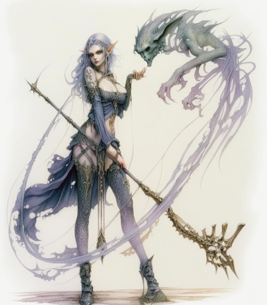 white background, detailed face, detailed body, woman elf sorcerer, face tattoo, the atmosphere of mysticism, the gothic style, muted twilight colors, art by alan lee, highly detailed, hd, high quality