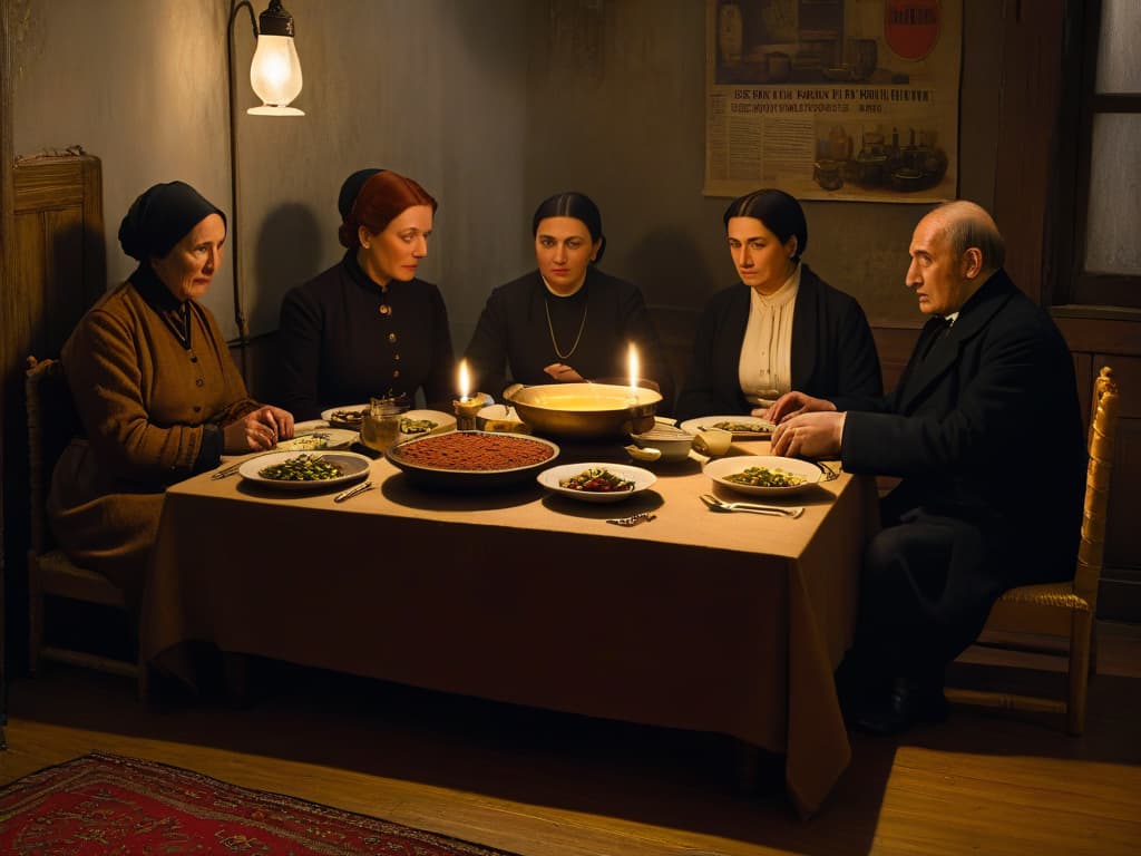  A photorealistic image of a humble kitchen during the Russian Revolution, portraying a family gathered around a simple wooden table, sharing a meal of borscht and black bread. The room is dimly lit by a single flickering candle, casting long shadows on the worn walls adorned with Soviet propaganda posters. The table is set with mismatched dishes, and a pot of bubbling soup sits at the center, emanating steam that mingles with the somber expressions on the faces of the diners. The atmosphere is one of resilience and solidarity in the face of scarcity, capturing the essence of the culinary traditions shaped by the tumultuous events of the era. hyperrealistic, full body, detailed clothing, highly detailed, cinematic lighting, stunningly beautiful, intricate, sharp focus, f/1. 8, 85mm, (centered image composition), (professionally color graded), ((bright soft diffused light)), volumetric fog, trending on instagram, trending on tumblr, HDR 4K, 8K