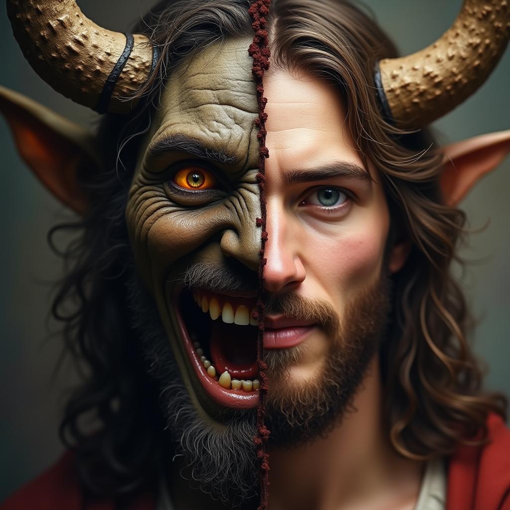  a two panel image split diagonally. on the top left panel there is a smiling face of a horrible horned demon with his mouth open. on the bottom right panel is the kind face of jesus