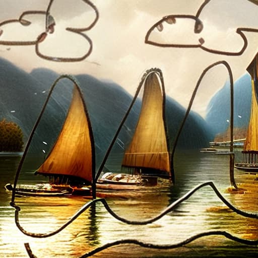 mdjrny-v4 style Mountains, lakes, boats, sun