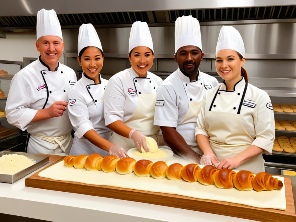  An ultradetailed, minimalist image depicting a diverse group of professional bakers with hearing impairments working together in a modern bakery kitchen. Each chef is focused on their task, mixing ingredients, shaping dough, and decorating pastries, showcasing determination and skill in their craft. The sleek, clean lines of the kitchen, the vibrant colors of the ingredients, and the subtle expressions of concentration on the chefs' faces convey a sense of inclusivity, creativity, and dedication in the art of pastrymaking. hyperrealistic, full body, detailed clothing, highly detailed, cinematic lighting, stunningly beautiful, intricate, sharp focus, f/1. 8, 85mm, (centered image composition), (professionally color graded), ((bright soft diffused light)), volumetric fog, trending on instagram, trending on tumblr, HDR 4K, 8K