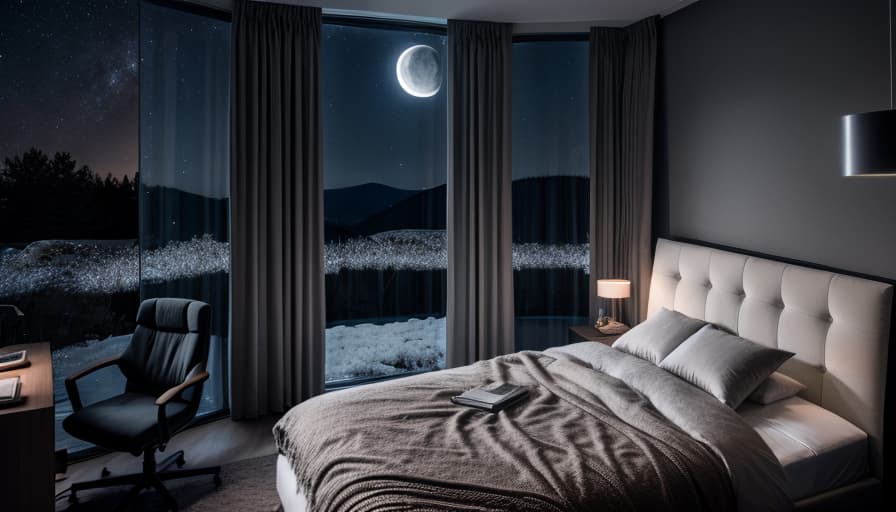  A high resolution photograph of a modern Bedroom, hyper realistic, moonlit sky, starry background, artificial exterior lighting, illuminated windows, serene ambiance, subtle reflections, soft shadows, night time landscaping, clear night sky, captured with a high ISO setting, tranquil and mysterious atmosphere, detailed textures visible under moonlight, make it aesthetic cozy and pinterest type