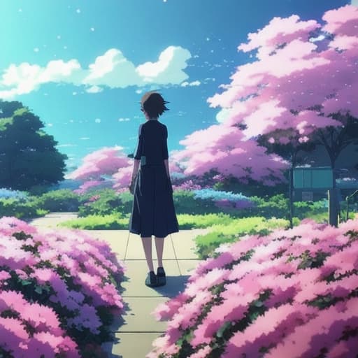  Makoto Shinkai style. dream-like scene. lovely. background flowers