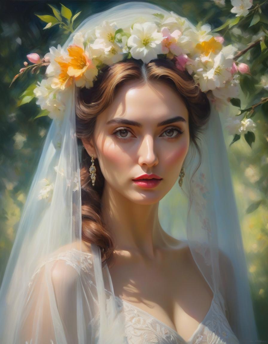  impressionist painting A portrait of a woman with flowers in her hair, intense eyes, surrounded by a veil and ethereal blossoms. . loose brushwork, vibrant color, light and shadow play, captures feeling over form hyperrealistic, full body, detailed clothing, highly detailed, cinematic lighting, stunningly beautiful, intricate, sharp focus, f/1. 8, 85mm, (centered image composition), (professionally color graded), ((bright soft diffused light)), volumetric fog, trending on instagram, trending on tumblr, HDR 4K, 8K