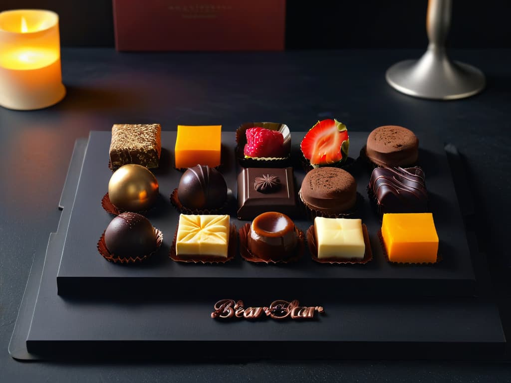  An ultradetailed image of a variety of popular beantobar chocolates beautifully arranged on a sleek, minimalist black slate board. Each chocolate is meticulously positioned, showcasing its unique packaging design and distinct characteristics. The image captures the elegant simplicity of the chocolates, highlighting their rich colors and textures under soft, natural lighting, creating a visually striking and sophisticated composition. hyperrealistic, full body, detailed clothing, highly detailed, cinematic lighting, stunningly beautiful, intricate, sharp focus, f/1. 8, 85mm, (centered image composition), (professionally color graded), ((bright soft diffused light)), volumetric fog, trending on instagram, trending on tumblr, HDR 4K, 8K