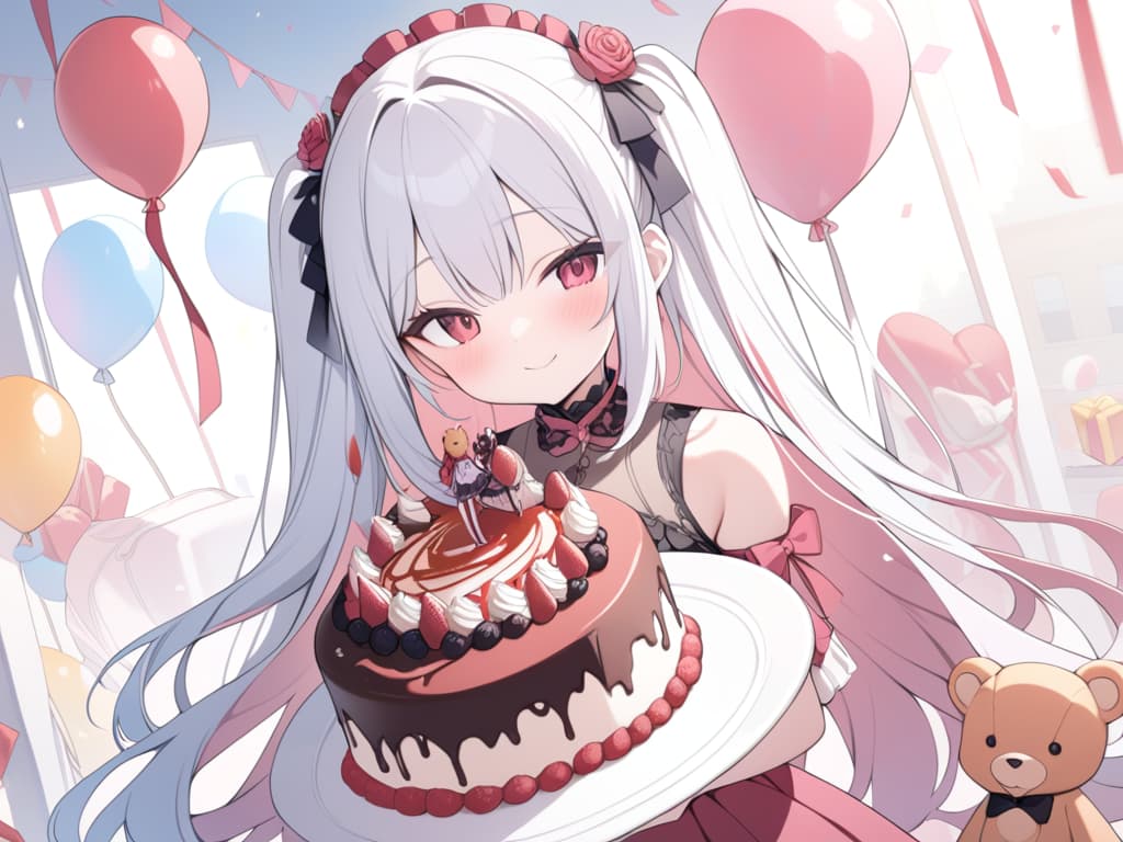  1 Girl, solo, white hair, dark pink, gradation, twosideup, long hair, smile, birthday, cute, pink, balloons, celebration, red eyes, sauce, princess, rose, teddy bear, masterpiece, best quality,8k,ultra detailed,high resolution,an extremely delicate and beautiful,hyper detail