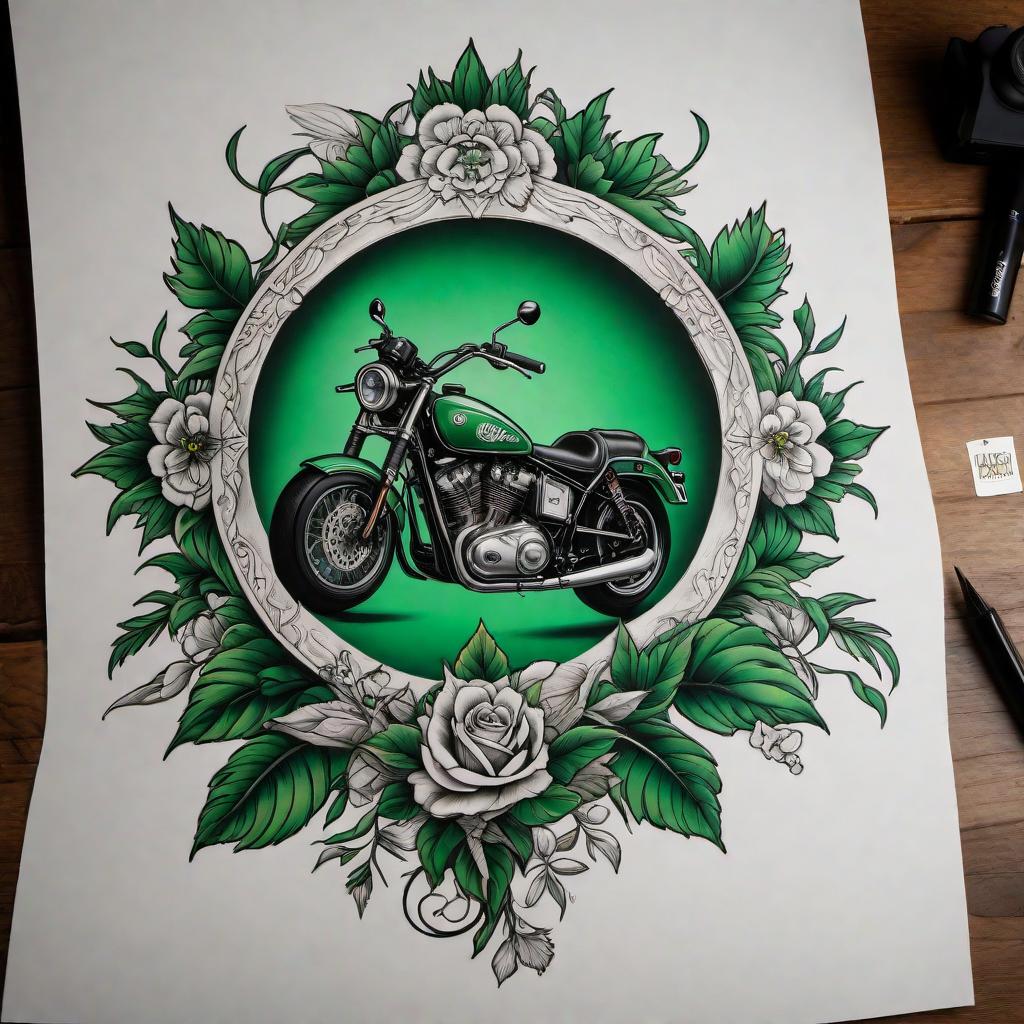  A tattoo design in remembrance of a person named Dizzy. The design should include the number 22, and the color green should be prominent. The design should also incorporate elements representative of the Vagos 1%er bike club, such as a motorcycle or a biker emblem, with a tough, edgy style. hyperrealistic, full body, detailed clothing, highly detailed, cinematic lighting, stunningly beautiful, intricate, sharp focus, f/1. 8, 85mm, (centered image composition), (professionally color graded), ((bright soft diffused light)), volumetric fog, trending on instagram, trending on tumblr, HDR 4K, 8K