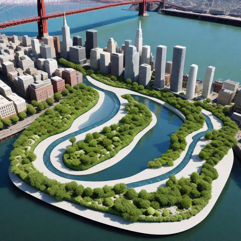  An illustration of a city riverscape in San Francisco, California, featuring a concrete riverbank with the river flowing. Within the riverscape, there is a hydroponic system made of PVC piping and foam designed to serve as a bed for hydroponic baskets. The baskets include rockwool as a base for planting hemp. The system can be adjusted in height, by using a mechanism of ropes or wires, allowing it to be raised and lowered, emulating an ebb and flow system by changing the elevation of the plants instead of the water level. The entire setup should blend seamlessly with the urban environment, illustrating an innovative urban farming solution. hyperrealistic, full body, detailed clothing, highly detailed, cinematic lighting, stunningly beautiful, intricate, sharp focus, f/1. 8, 85mm, (centered image composition), (professionally color graded), ((bright soft diffused light)), volumetric fog, trending on instagram, trending on tumblr, HDR 4K, 8K