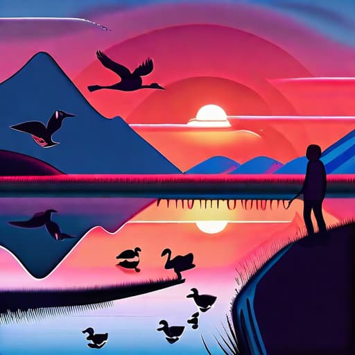  kid climbing a mountain and a beautiful red and blue sunset in the background and a river with ducks and swans swimming in it and birds flying in the sky