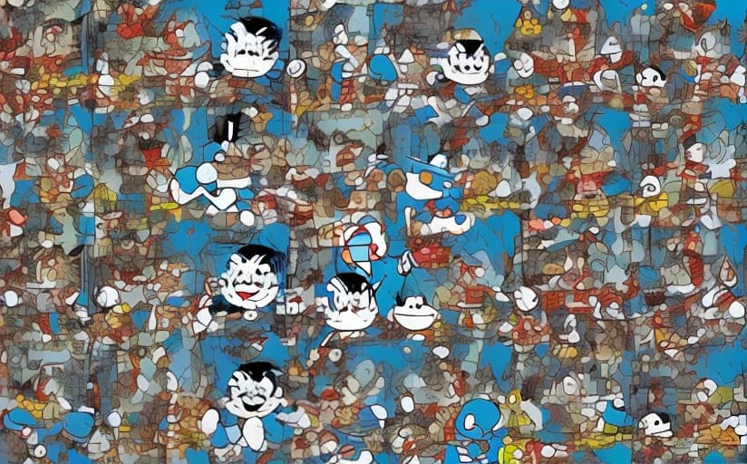 redshift style A retro comic strip of doraemon enjoying a Ice-cream on top of the Eiffel Tower