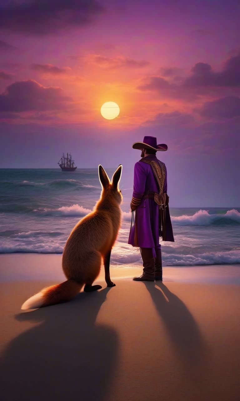  nautical themed The Wild West. The sun is setting beyond the horizon, casting the sky in purple and orange tones. In the background, two characters stand against the setting sun: a Fox in a cowboy hat and a Rabbit dressed in a velvety suit, holding a cane. The atmosphere is tense, full of mystery and anticipation. . sea, ocean, ships, maritime, beach, marine life, highly detailed hyperrealistic, full body, detailed clothing, highly detailed, cinematic lighting, stunningly beautiful, intricate, sharp focus, f/1. 8, 85mm, (centered image composition), (professionally color graded), ((bright soft diffused light)), volumetric fog, trending on instagram, trending on tumblr, HDR 4K, 8K