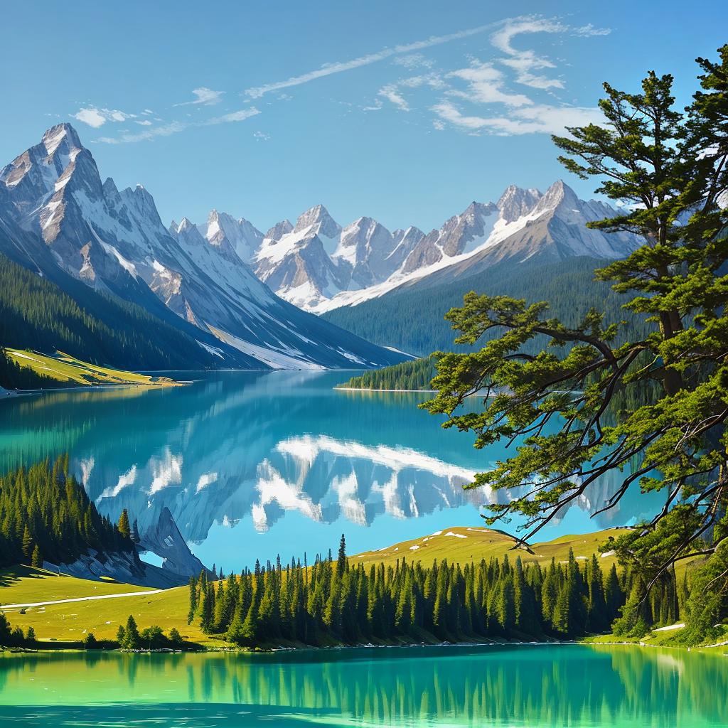  as a painting, Convey the serene majesty of towering mountains reflected in the crystal-clear waters of a tranquil alpine lake, using your unique artistic vision to evoke a sense of awe and tranquility.