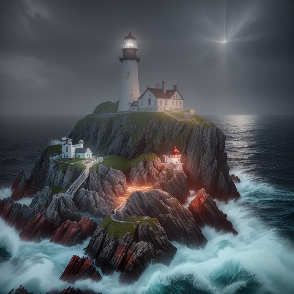  Photo of 8k ultra realistic lighthouse on island, heavy rain, night, light shining, heavy seas, full of colour, cinematic lighting, battered, trending on artstation, 4k, hyperrealistic, focused, extreme details, unreal engine 5, cinematic, masterpiece, art by studio ghibli