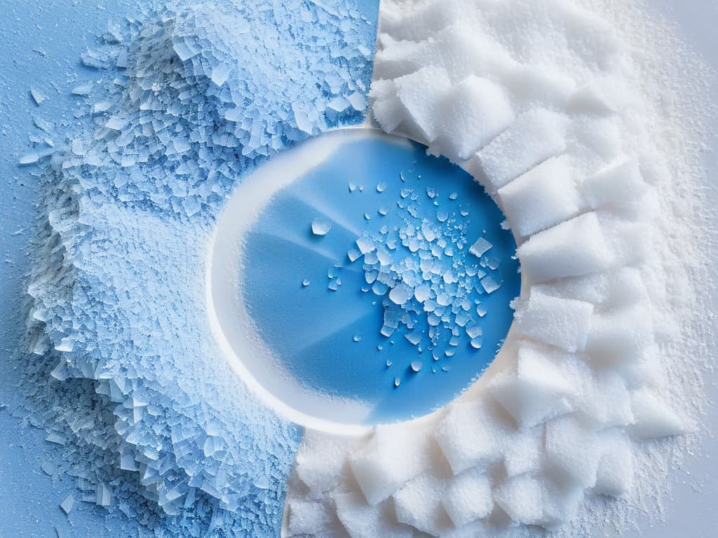  A minimalist yet visually striking image of two distinct types of salt crystals side by side, showcasing the contrasting textures and colors of sea salt and refined salt. The sea salt crystals are large, irregularly shaped, and gleaming with a slight hint of blue, while the refined salt crystals are uniform, small, and sparkling in a stark white hue. The image is captured with impeccable clarity and precision, highlighting the intricate details of each crystal under soft, natural lighting to emphasize the difference between the two salts. hyperrealistic, full body, detailed clothing, highly detailed, cinematic lighting, stunningly beautiful, intricate, sharp focus, f/1. 8, 85mm, (centered image composition), (professionally color graded), ((bright soft diffused light)), volumetric fog, trending on instagram, trending on tumblr, HDR 4K, 8K