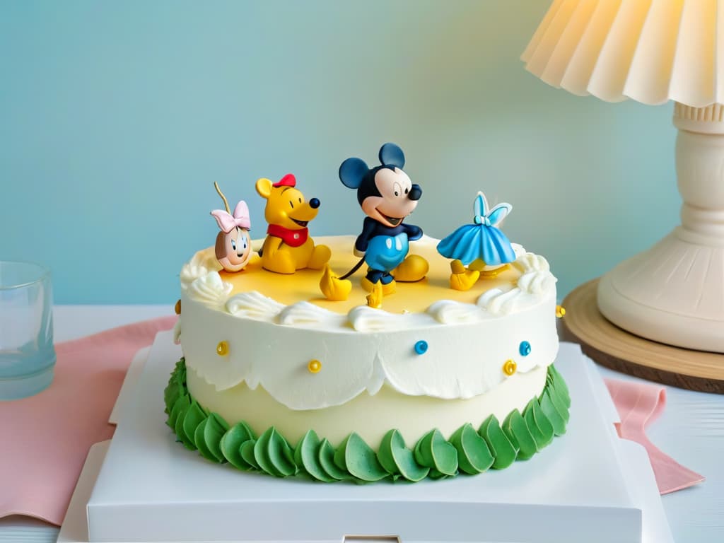  An intricately designed cake stand featuring iconic Disney characters like Mickey Mouse, Cinderella, and Winnie the Pooh, set against a soft pastel background with subtle sparkles, showcasing the magic of Disney in the kitchen. hyperrealistic, full body, detailed clothing, highly detailed, cinematic lighting, stunningly beautiful, intricate, sharp focus, f/1. 8, 85mm, (centered image composition), (professionally color graded), ((bright soft diffused light)), volumetric fog, trending on instagram, trending on tumblr, HDR 4K, 8K