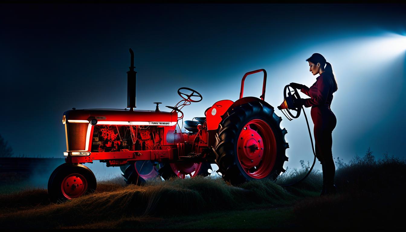  A Saint Petersburg girl in red is repairing a tractor in May. hyperrealistic, full body, detailed clothing, highly detailed, cinematic lighting, stunningly beautiful, intricate, sharp focus, f/1. 8, 85mm, (centered image composition), (professionally color graded), ((bright soft diffused light)), volumetric fog, trending on instagram, trending on tumblr, HDR 4K, 8K