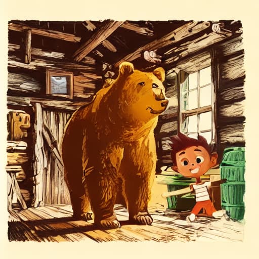  a boy with yellow hat and brown shirt and green pants, bear standing, in cabin