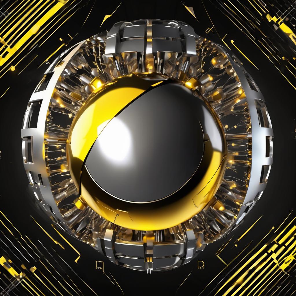  Quantum computer, core, correct form, concept of AI, silver color sphere, black background, shining sphere with rays, yellow rays, concept art, cybernetics.