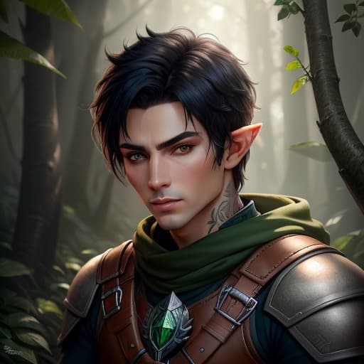  male half-elf ranger with short black hair and green eyes and tattoos , hyperrealistic, high quality, highly detailed, perfect lighting, intricate, sharp focus, f/1. 8, 85mm, (centered image composition), (professionally color graded), ((bright soft diffused light)), trending on instagram, HDR 4K, 8K