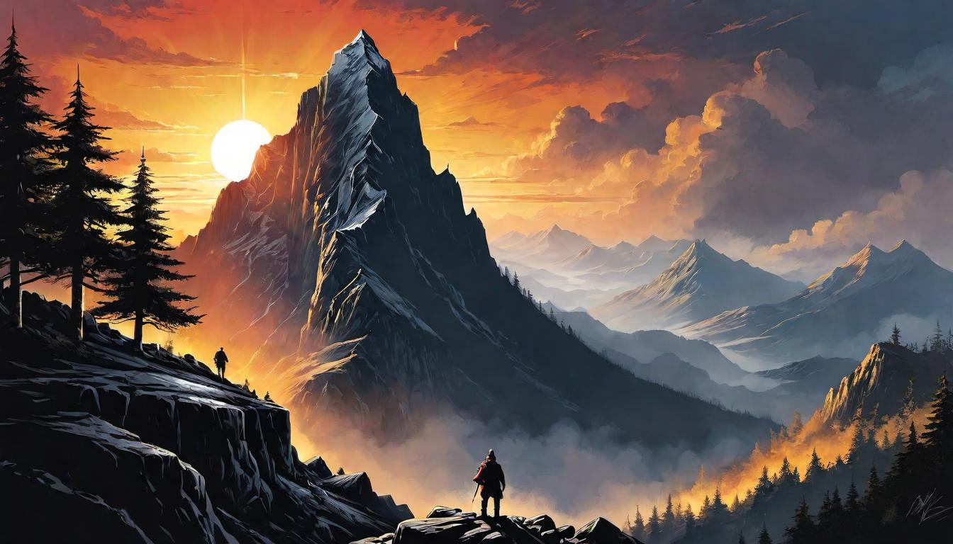  （surrealism)Mountain peak with a victorious figure standing tall, arms raised, bright sunrise behind, rugged terrain, figure's silhouette detailed with light and shadow, sense of accomplishment and new beginnings, triumphant, bold mystic, intricate details, best quality)