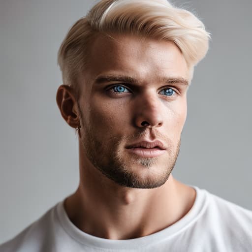 portrait+ style Swedish queer fitness model blonde hunk dude face