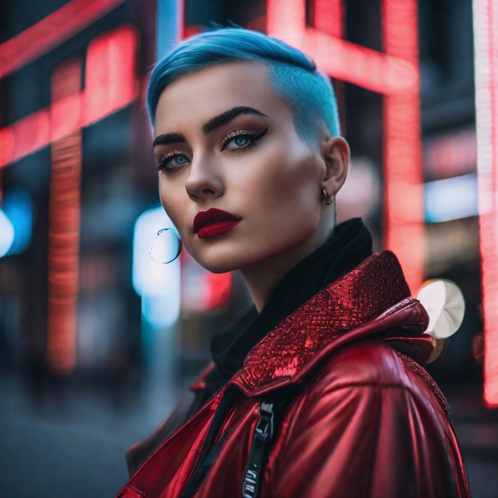  ultra realistic close up portrait ((beautiful pale cyberpunk female with heavy black eyeliner)), blue eyes, shaved side haircut, hyper detail, cinematic lighting, magic neon, dark red city, Canon EOS R3, nikon, f/1.4, ISO 200, 1/160s, 8K, RAW, unedited, symmetrical balance, in frame, 8K hyperrealistic, full body, detailed clothing, highly detailed, cinematic lighting, stunningly beautiful, intricate, sharp focus, f/1. 8, 85mm, (centered image composition), (professionally color graded), ((bright soft diffused light)), volumetric fog, trending on instagram, trending on tumblr, HDR 4K, 8K