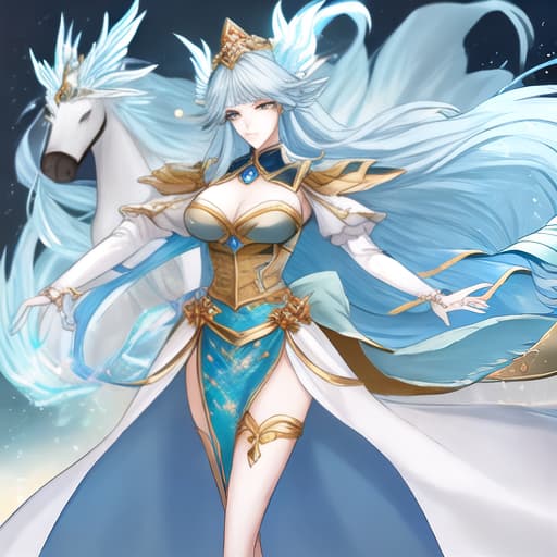  She has long light blue hair, flaming golden eyes, and is a beautiful warrior with a unique classic temperament. Tall and beautiful, with an elegant and intellectual temperament, she exudes the aura of the goddess of the sea.，