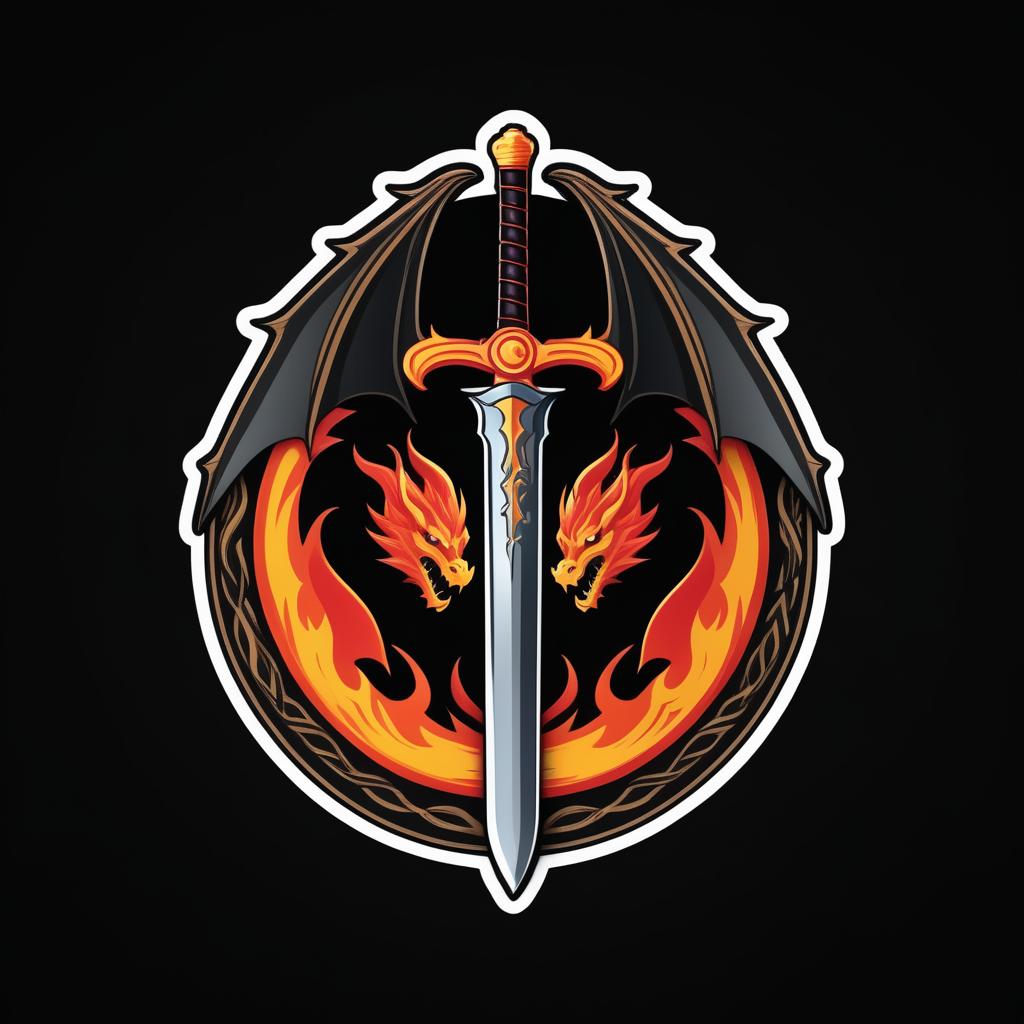  Logo, Custom sticker design on an isolated black background decorated by mythical dragons and a flaming sword