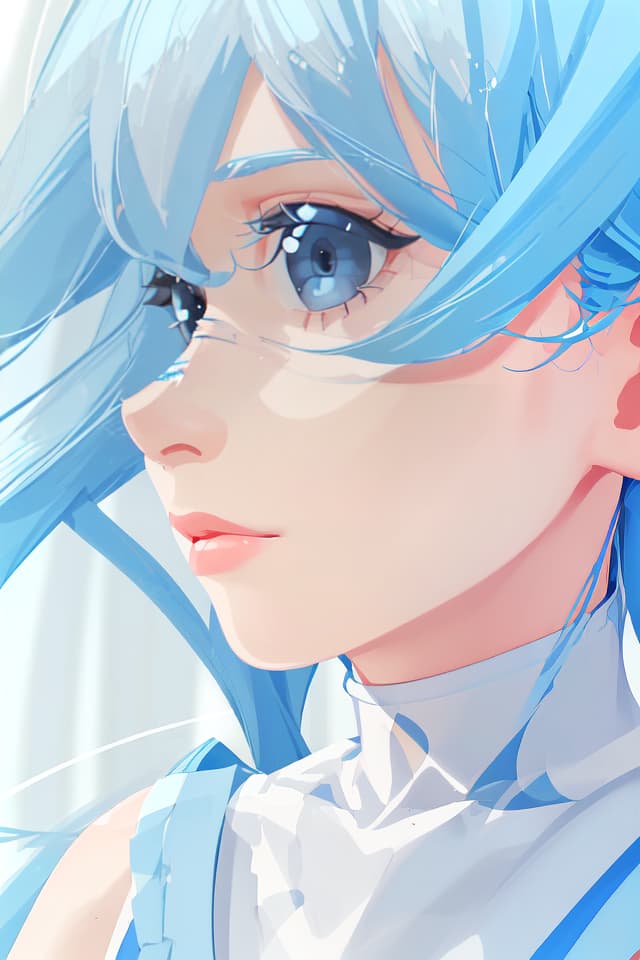  (Close up of the upper body) (Blue and white hair) (Mullet Hair Style) (Blue Hair Color with White Mesh) Cool Girl, Masterpiece, (Neutral) Quality, 8k, 16K