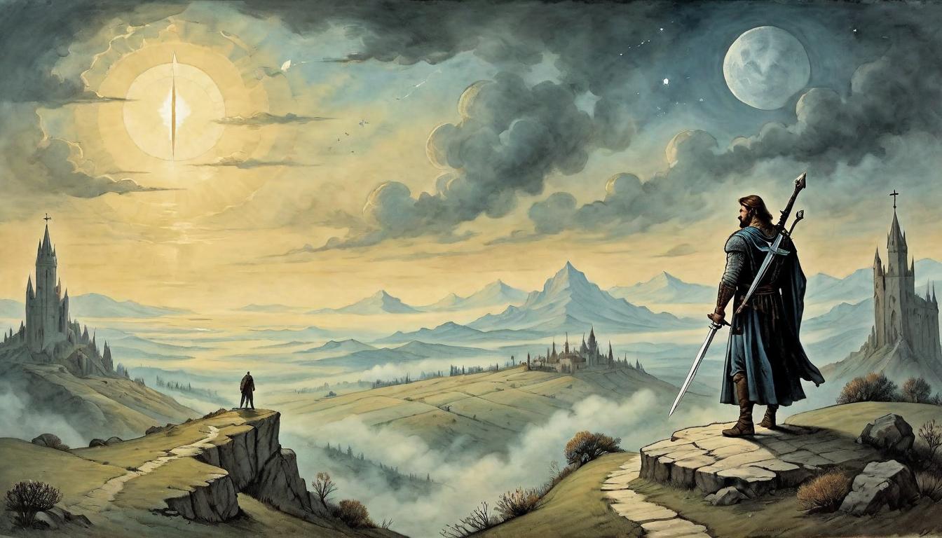  on parchment, surrealism+++, David standing on hilltop, gaze fixed on horizon, dawn breaking, sword in hand, sacred mission, resolve(mysterious, provocative, symbolic,muted color)+++